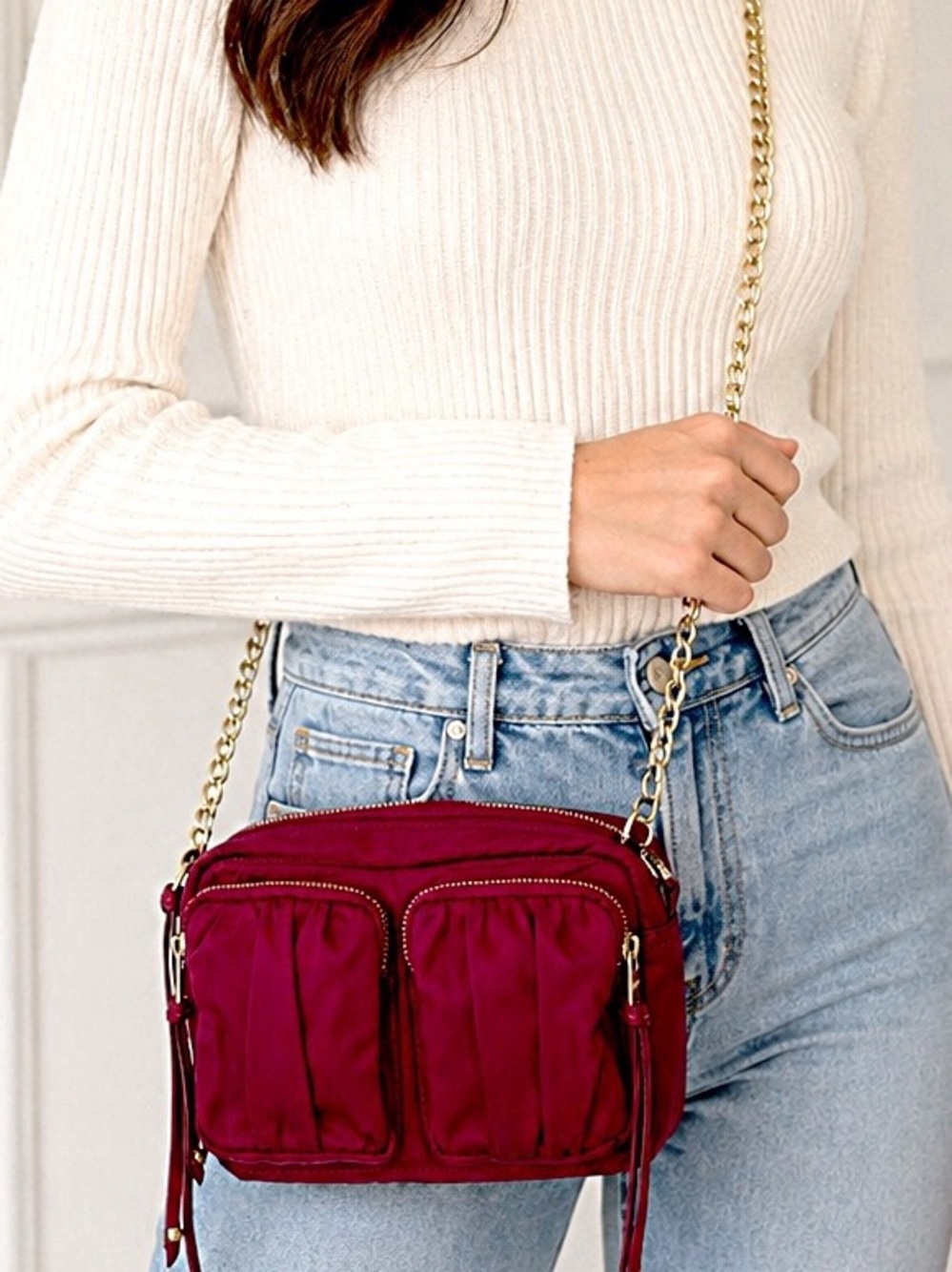 Mz Wallace NY Penny Bedford Crossbody Bag – Berry Wine Nylon w/ Gold Chain - Picture 2 of 13